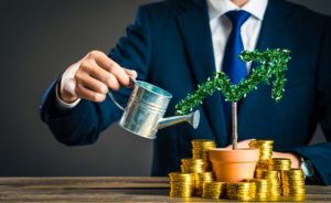 Businessman waters his small tree to grow alongside his savings of gold coins. Our business savings options will help you plan ahead for taxes and other expenses.