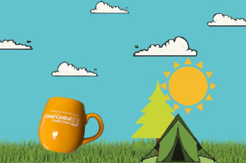 A drawing of a tent is set on grass near a tree on a sunny summer day