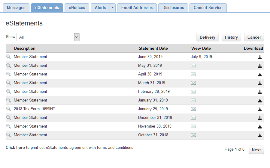 CCCU E-Services update screenshot, old E-Statements