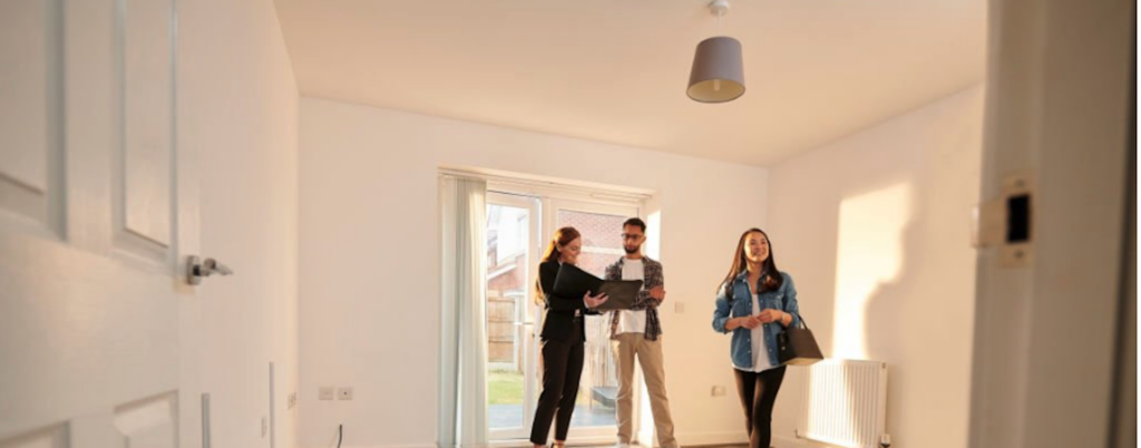 First-time homebuyers in California touring an open house with a real estate agent